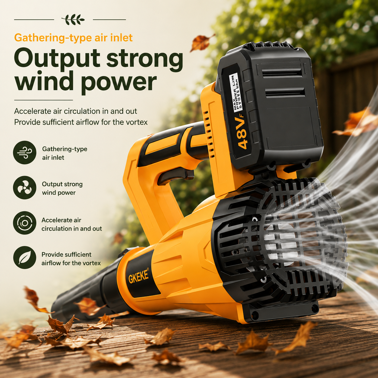 A yellow and black cordless wind blower shown outdoors on a wooden surface with falling leaves, with marketing text on the left describing gathering-type air inlet and strong wind power.