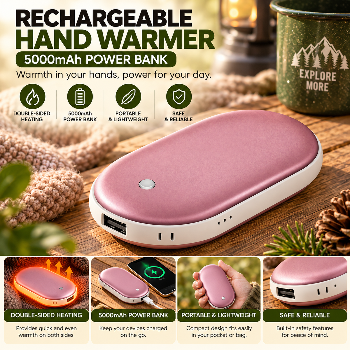 Rechargeable Hand Warmer & 5000mAh Power Bank – Double-Sided Pocket Heater