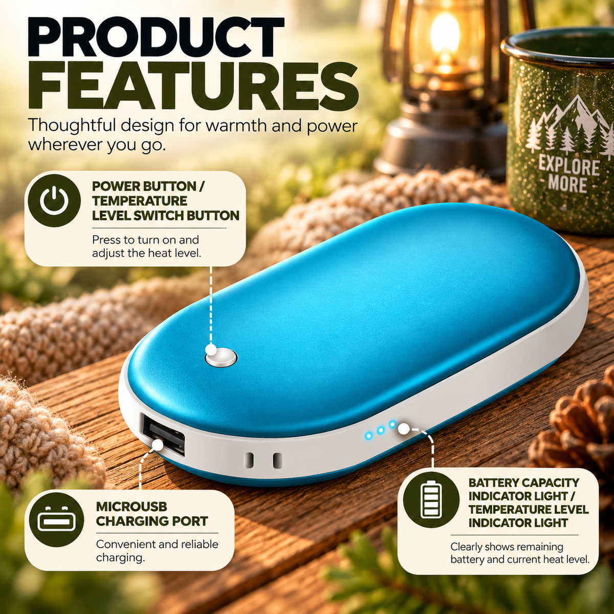 Rechargeable Hand Warmer & 5000mAh Power Bank – Double-Sided Pocket Heater