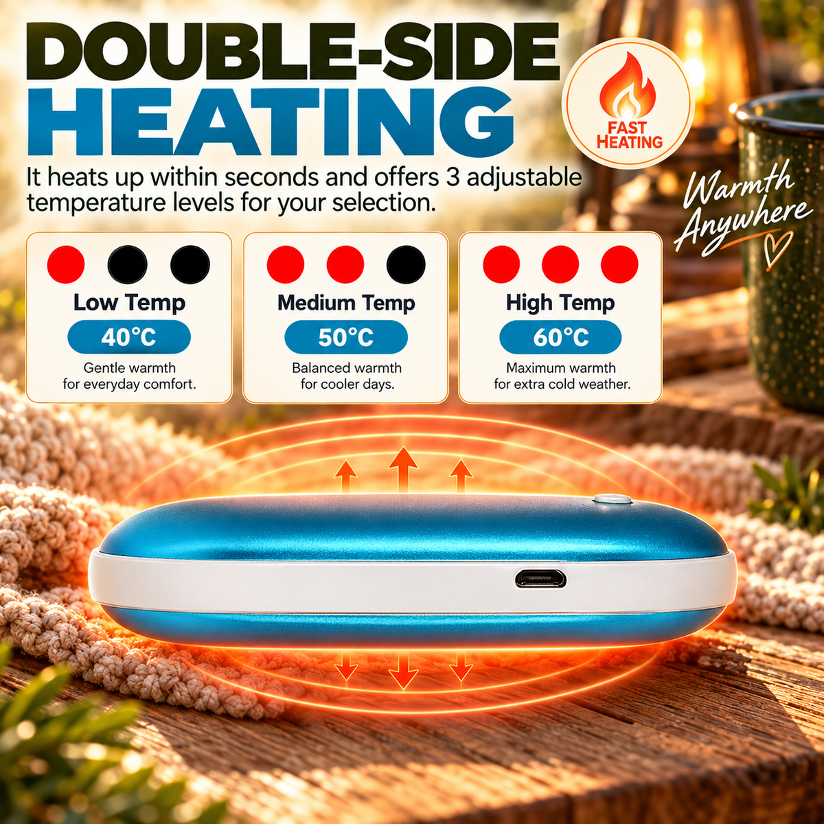 Rechargeable Hand Warmer & 5000mAh Power Bank – Double-Sided Pocket Heater