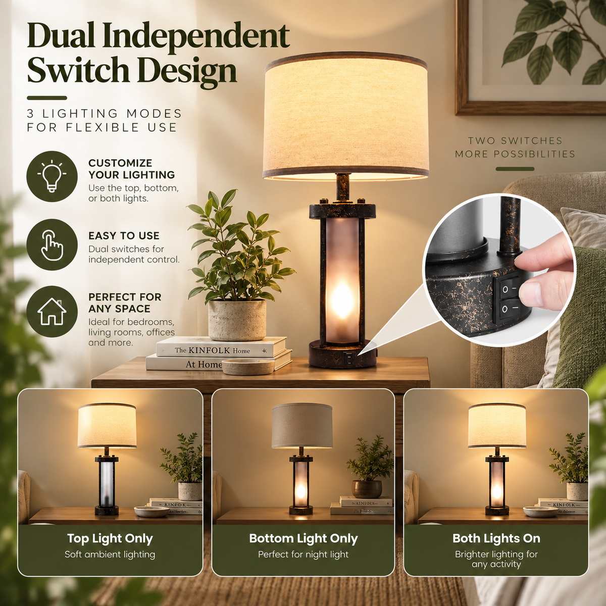 Set of 2 Farmhouse Table Lamps – Bedside Nightstand Lamps with USB Ports