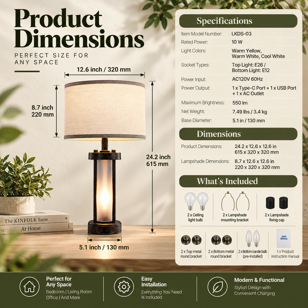 Set of 2 Farmhouse Table Lamps – Bedside Nightstand Lamps with USB Ports