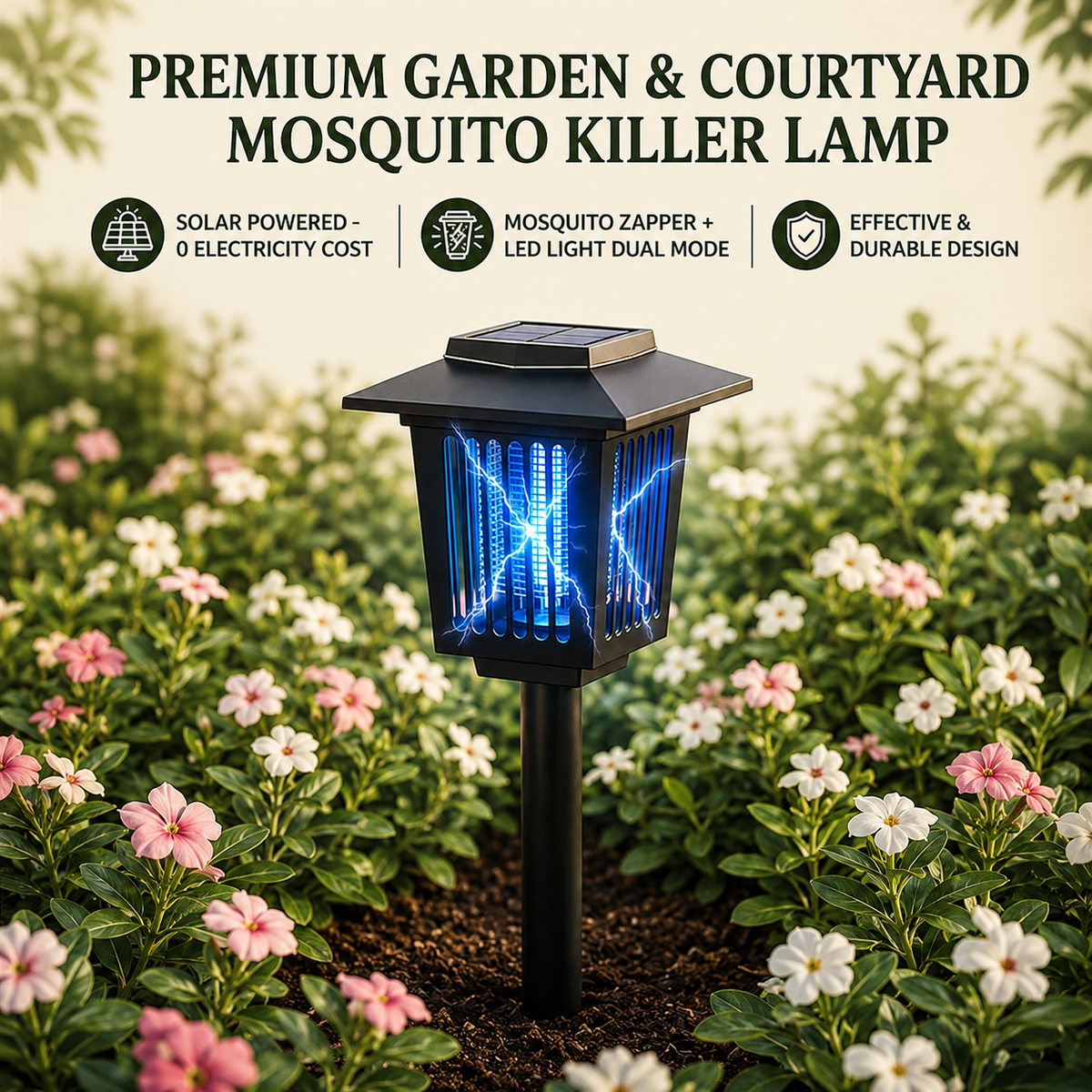 Solar-powered garden and courtyard mosquito killer lamp with a black pole and body, glowing blue UV light inside, shown in a garden bed with pink and white flowers. Text at the top highlights solar power, mosquito zapper, LED light dual mode, and durable design.