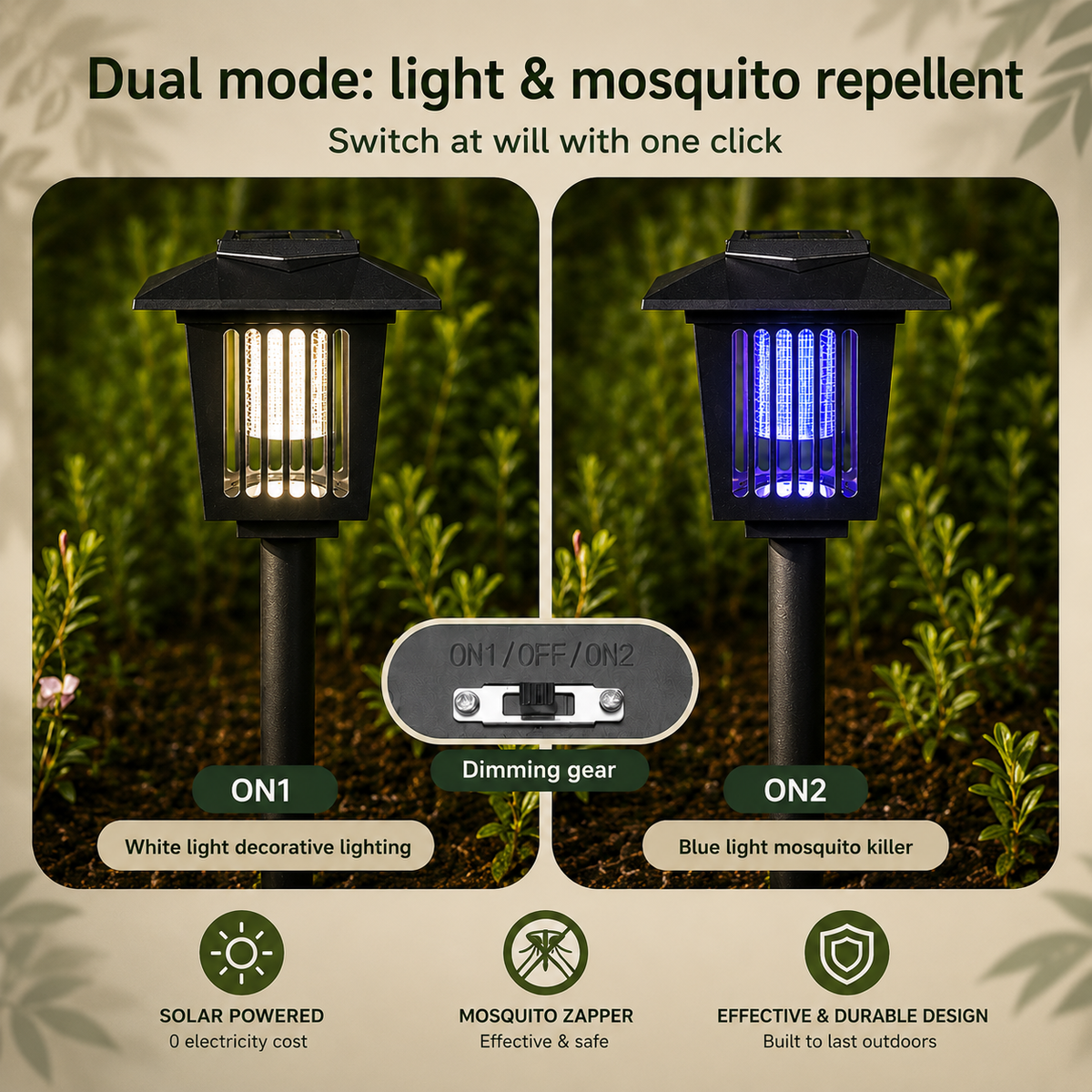A promotional graphic for a dual-mode solar garden light with mosquito repellent function. The image shows two views of the black solar-powered stake light: one glowing with warm white light labeled 'ON1' and one glowing with blue light labeled 'ON2', along with a central switch diagram showing 'ON1/OFF/ON2' and 'Dimming gear'.