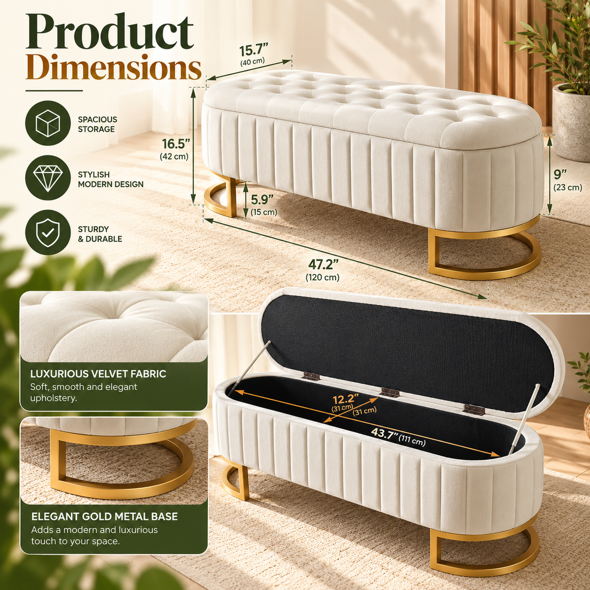 Velvet Storage Ottoman – Elegant Upholstered Footstool with Hidden Storage
