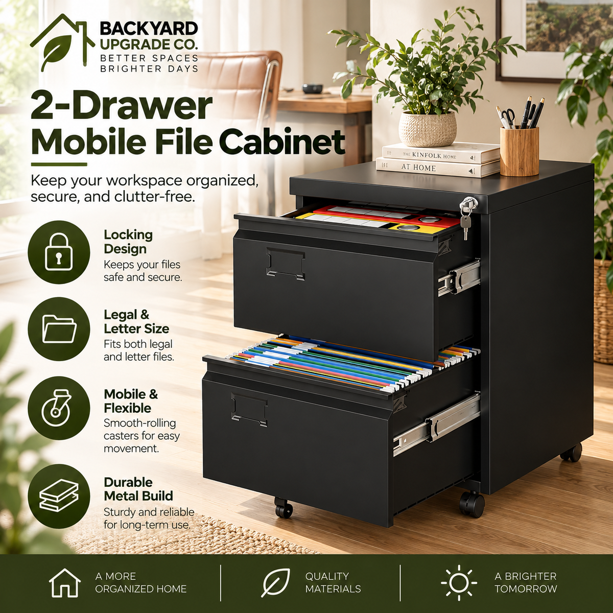 2-Drawer Mobile File Cabinet – Locking Metal Office Storage Cabinet