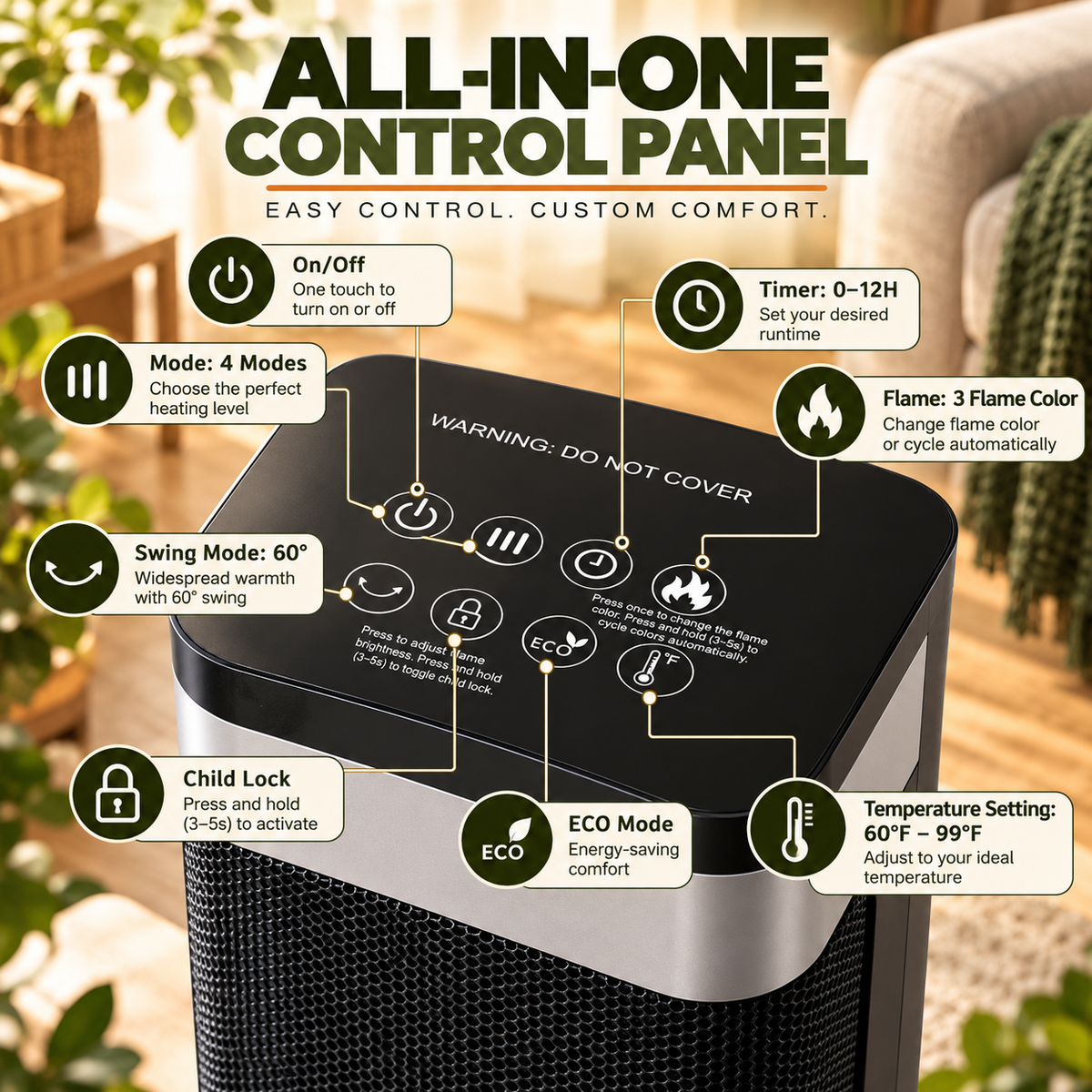 23-Inch Portable Space Heater with 7-Color LED Lighting