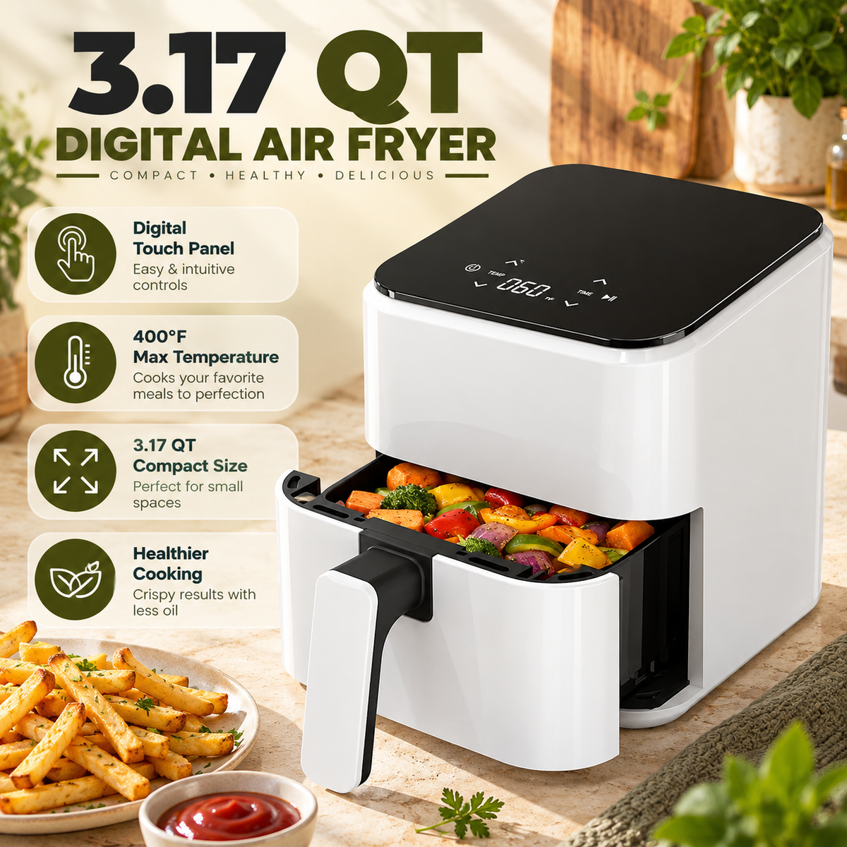 3.17 QT Compact Digital Air Fryer with Touch Panel – 400°F