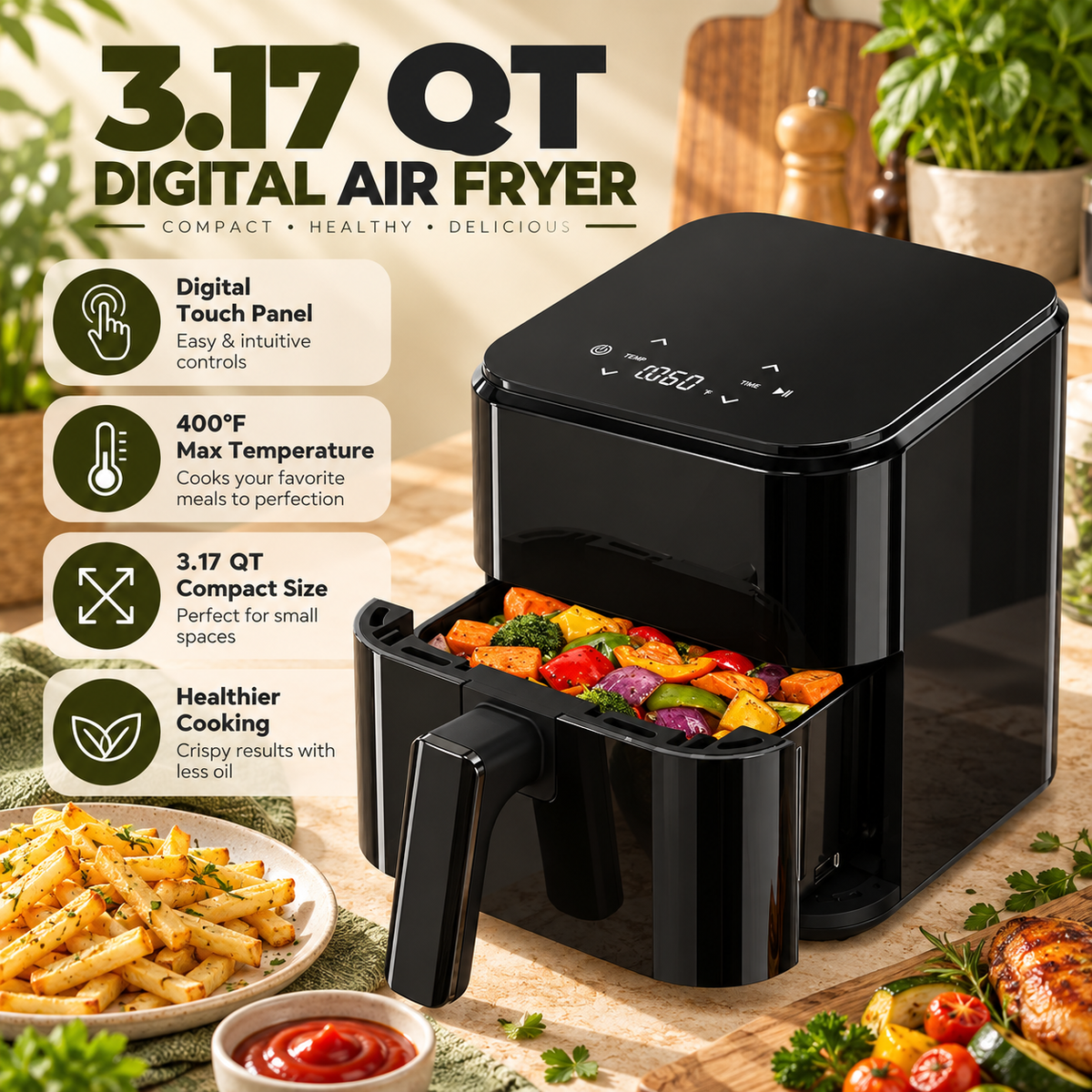 3.17 QT Compact Digital Air Fryer with Touch Panel – 400°F