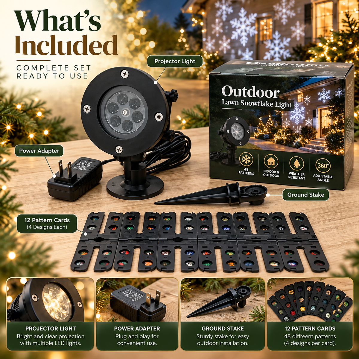48-Pattern Christmas Laser Projector Light – Outdoor Snowflake & Holiday LED Landscape Lighting