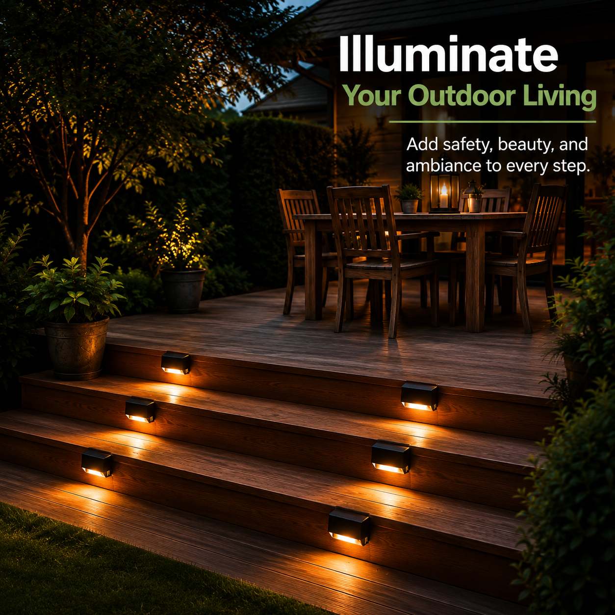 Outdoor LED step lights illuminating a wooden deck and staircase at dusk, with a dining table and chairs in the background and marketing text reading 'Illuminate Your Outdoor Living'.
