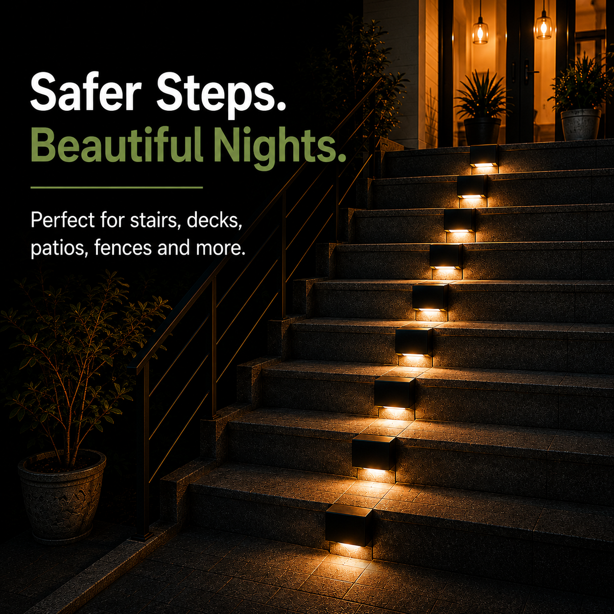Outdoor staircase lighting installed along a set of stone steps at night, with warm glowing fixtures illuminating each step. Text on the left reads 'Safer Steps.