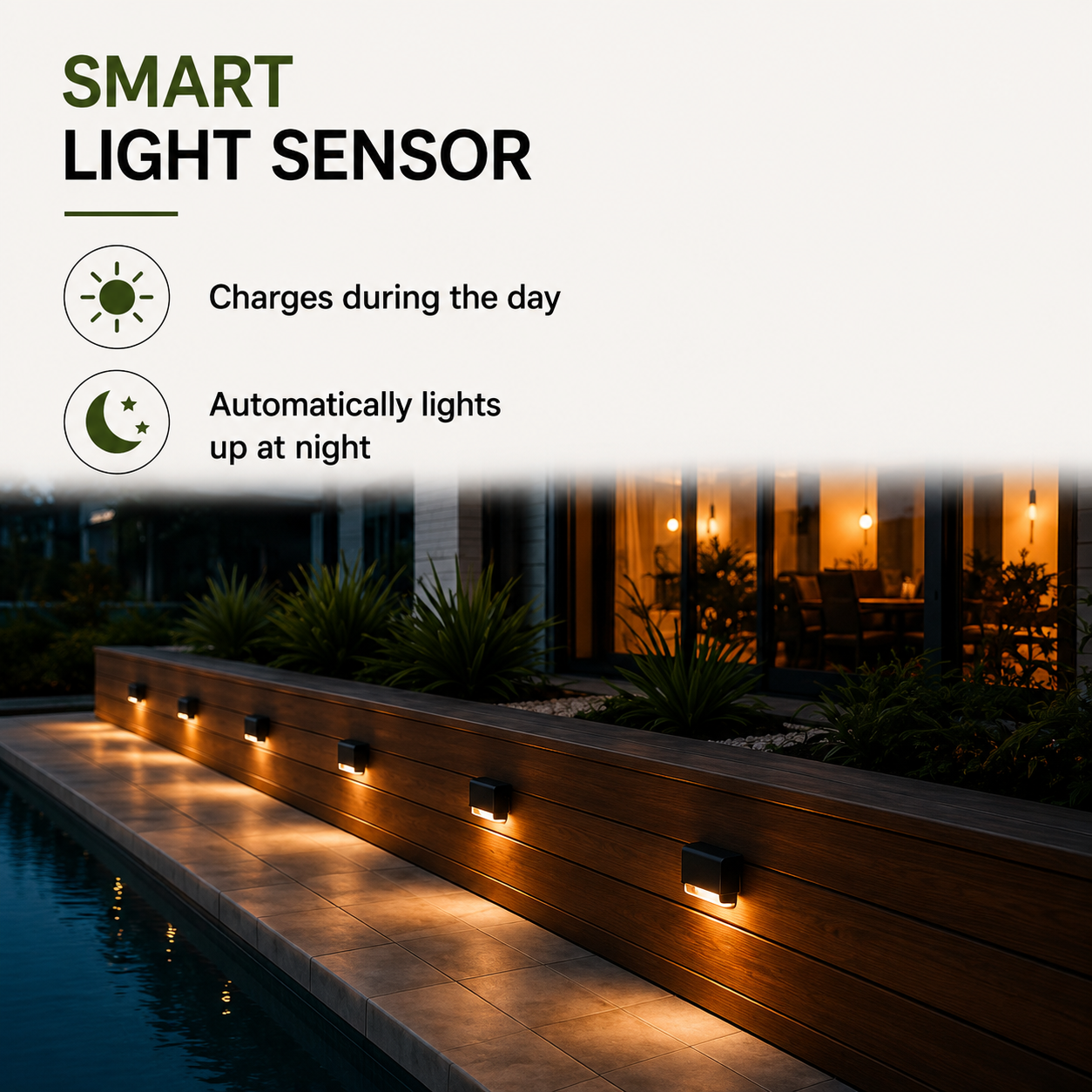 Smart outdoor light sensor wall sconces shown installed along a wooden poolside deck at night, with a white upper section containing the text 'SMART LIGHT SENSOR' and feature icons describing daytime charging and nighttime auto-illumination.