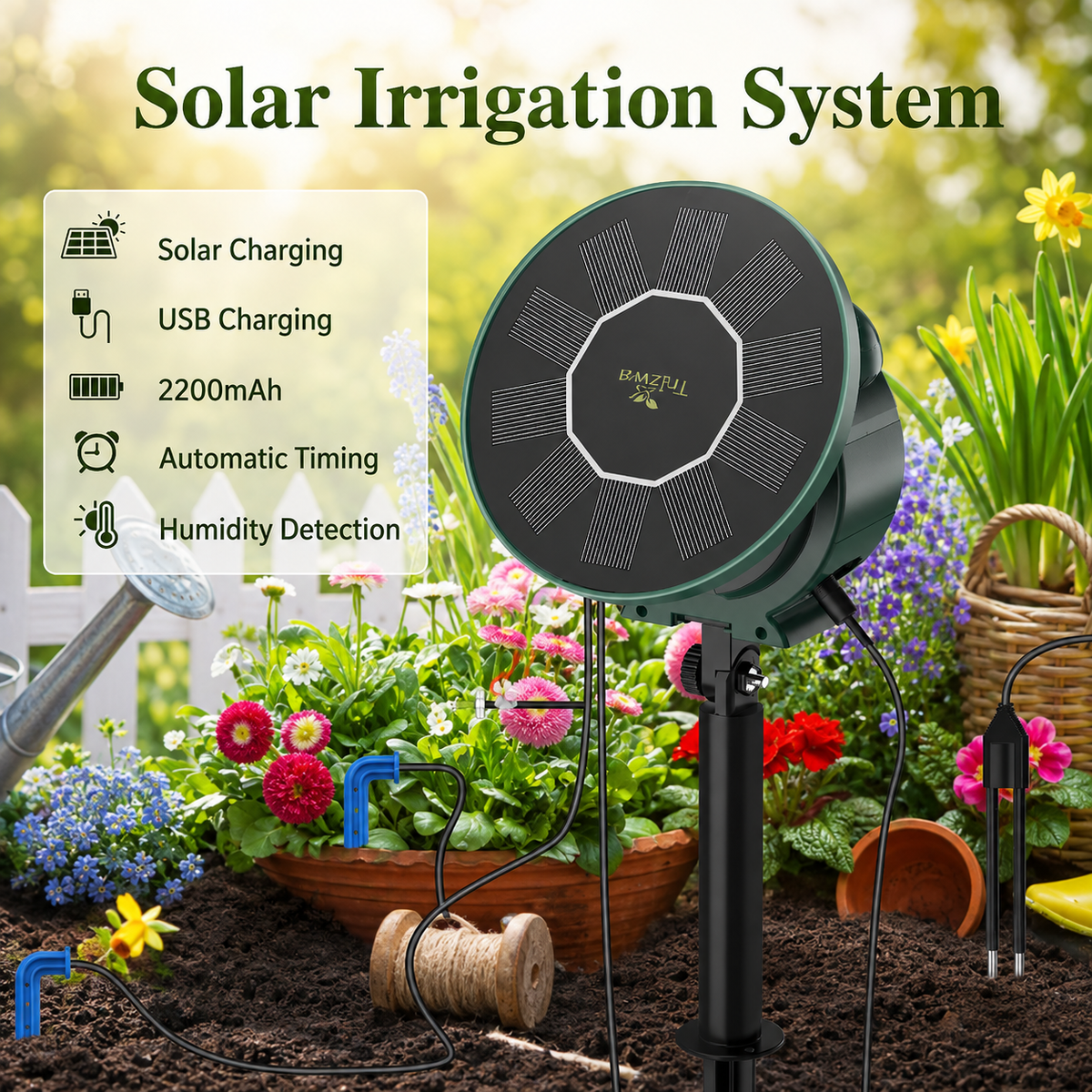 Solar irrigation system with a round solar panel head, black stand, and stake, shown in a garden setting with flowers, soil, and watering can, with feature callouts on the left.