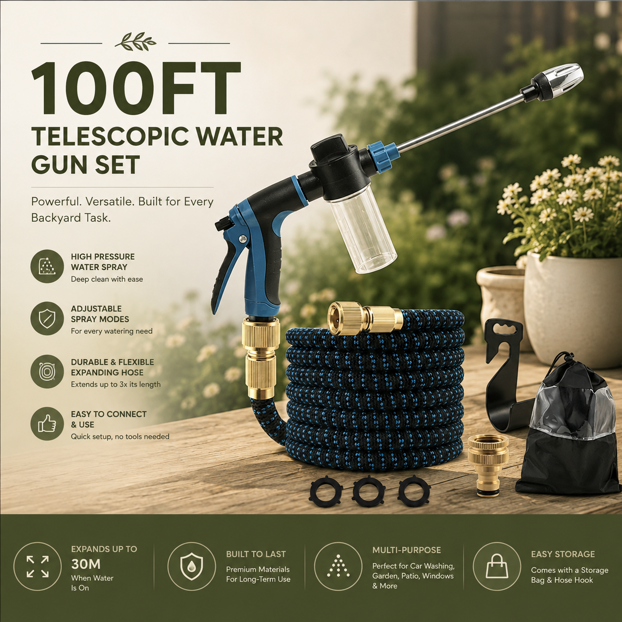 Telescopic water gun set displayed on a wooden table with a coiled blue and black hose, brass nozzles, a black storage bag, and accessories against a blurred garden background. Large text reads '100FT TELESCOPIC WATER GUN SET' with feature icons and additional selling points.