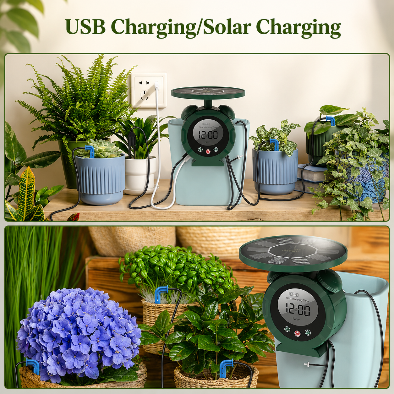 A collage showing a smart automatic watering device for potted plants, with the text 'USB Charging/Solar Charging' at the top. The top panel shows the device plugged into a wall with several potted plants around it on a wooden shelf.