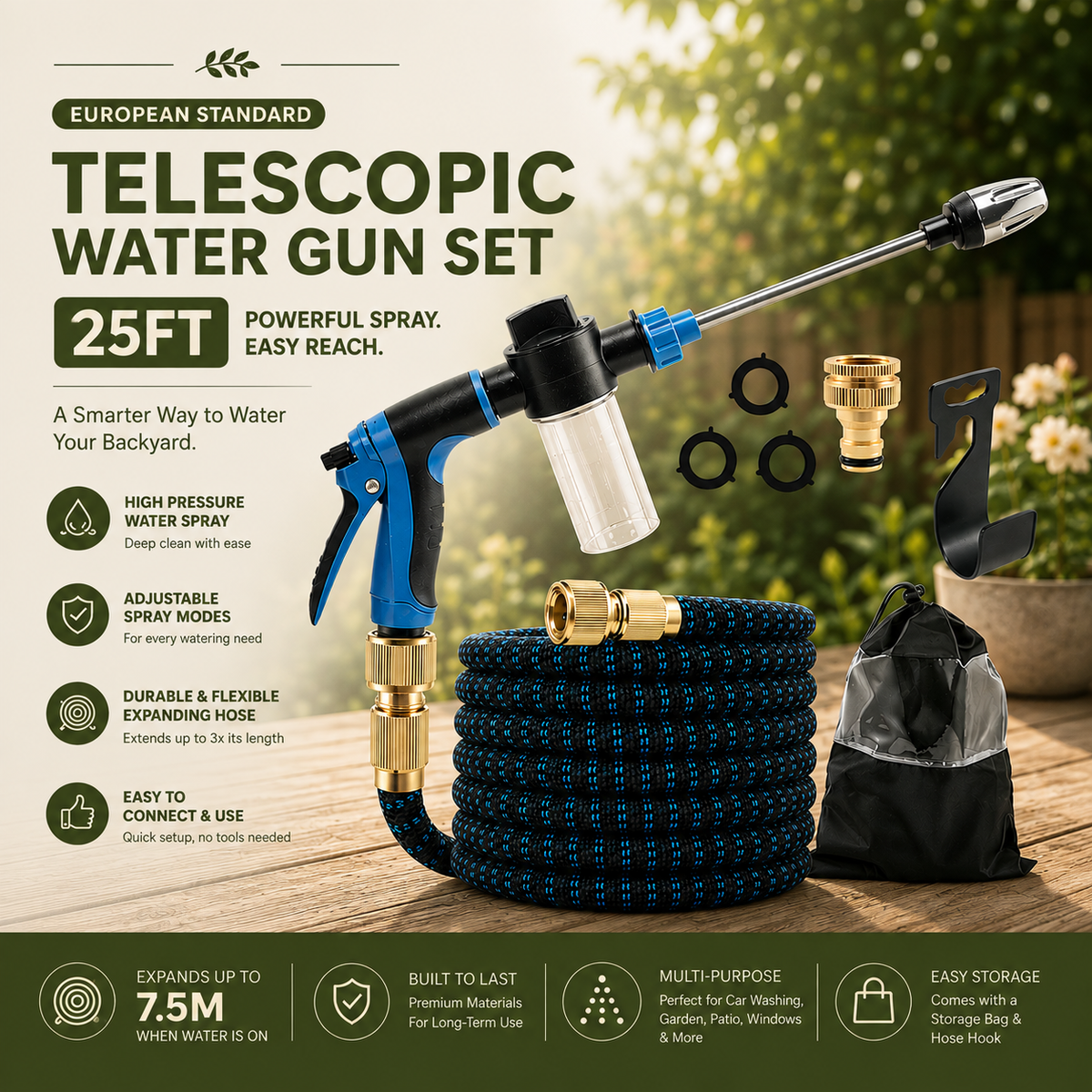 Telescopic water gun set with a blue and black hose, spray gun, brass nozzles, mounting bracket, and black storage bag, shown on a wooden surface with outdoor garden background and promotional text.