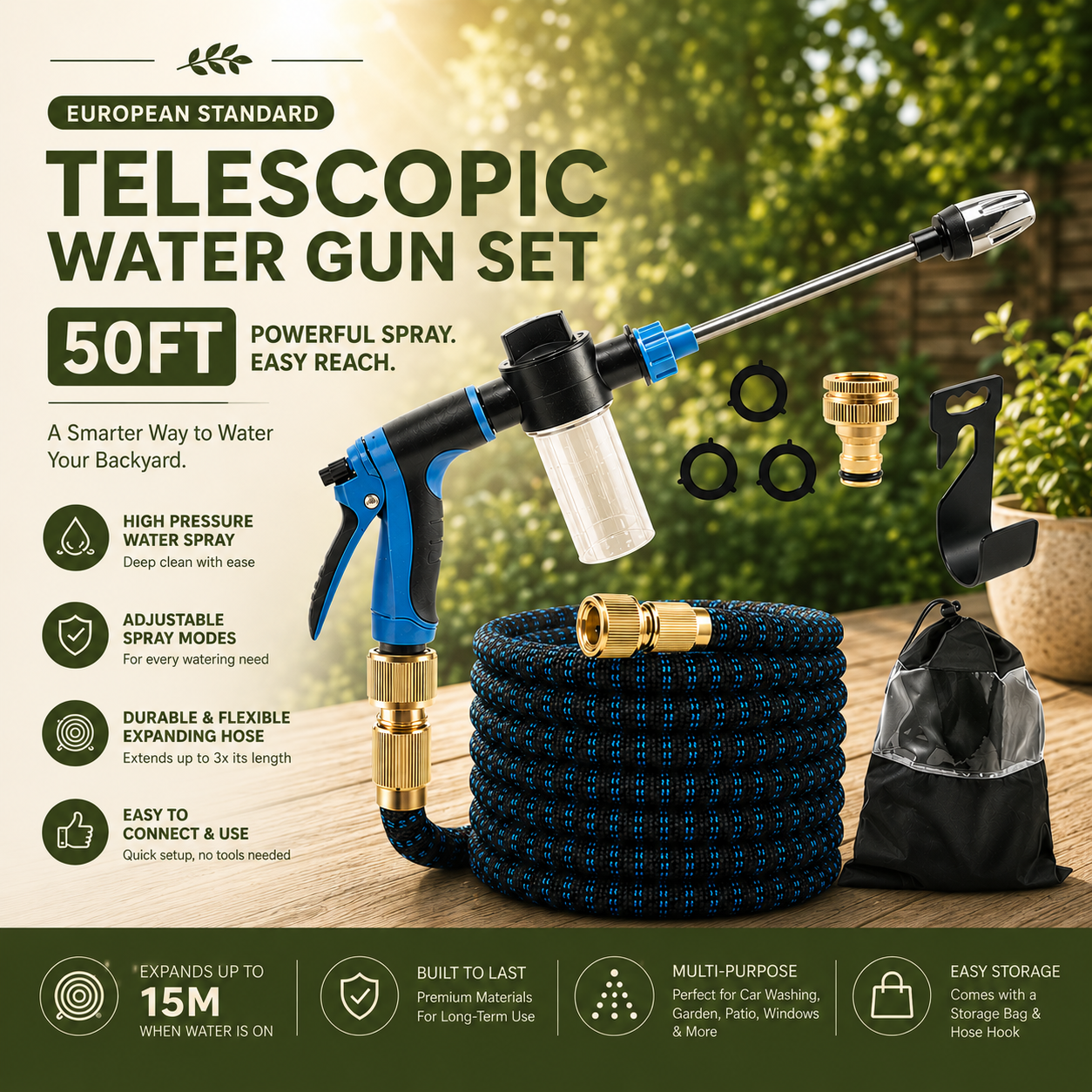 Telescopic water gun set with a blue and black spray wand, coiled hose, nozzles, storage bag, and accessories displayed on a wooden surface with a blurred garden background. Large text highlights 50ft reach, high pressure water spray, adjustable spray modes, and European standard quality.