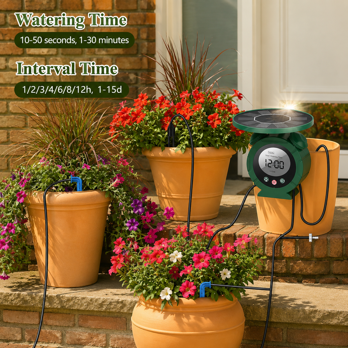 Solar-powered automatic watering system with a digital controller and soil moisture sensors connected to terracotta pots filled with colorful flowers, shown on a brick porch with informational text overlays.