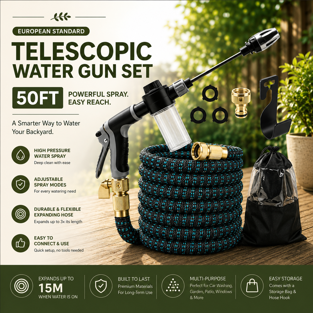 Telescopic water gun set with a coiled blue and black hose, brass spray nozzle, foam cannon attachment, hose connector, nozzles, and a black storage bag, shown on a wooden surface with a garden background and promotional text.