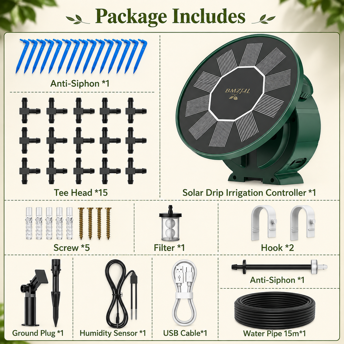 Package includes diagram for a solar drip irrigation controller, showing the main controller, anti-siphon tubes, tee heads, screws, filter, hooks, ground plug, humidity sensor, USB cable, and water pipe on a light beige background with green decorative text at the top.