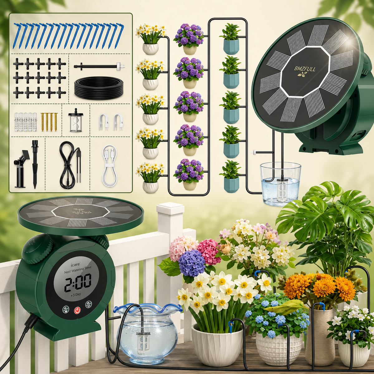 Solar-powered automatic garden watering system with a digital controller, drip irrigation tubing, watering cups, and a large solar panel, shown with multiple potted flowers and plants on a balcony-style background.
