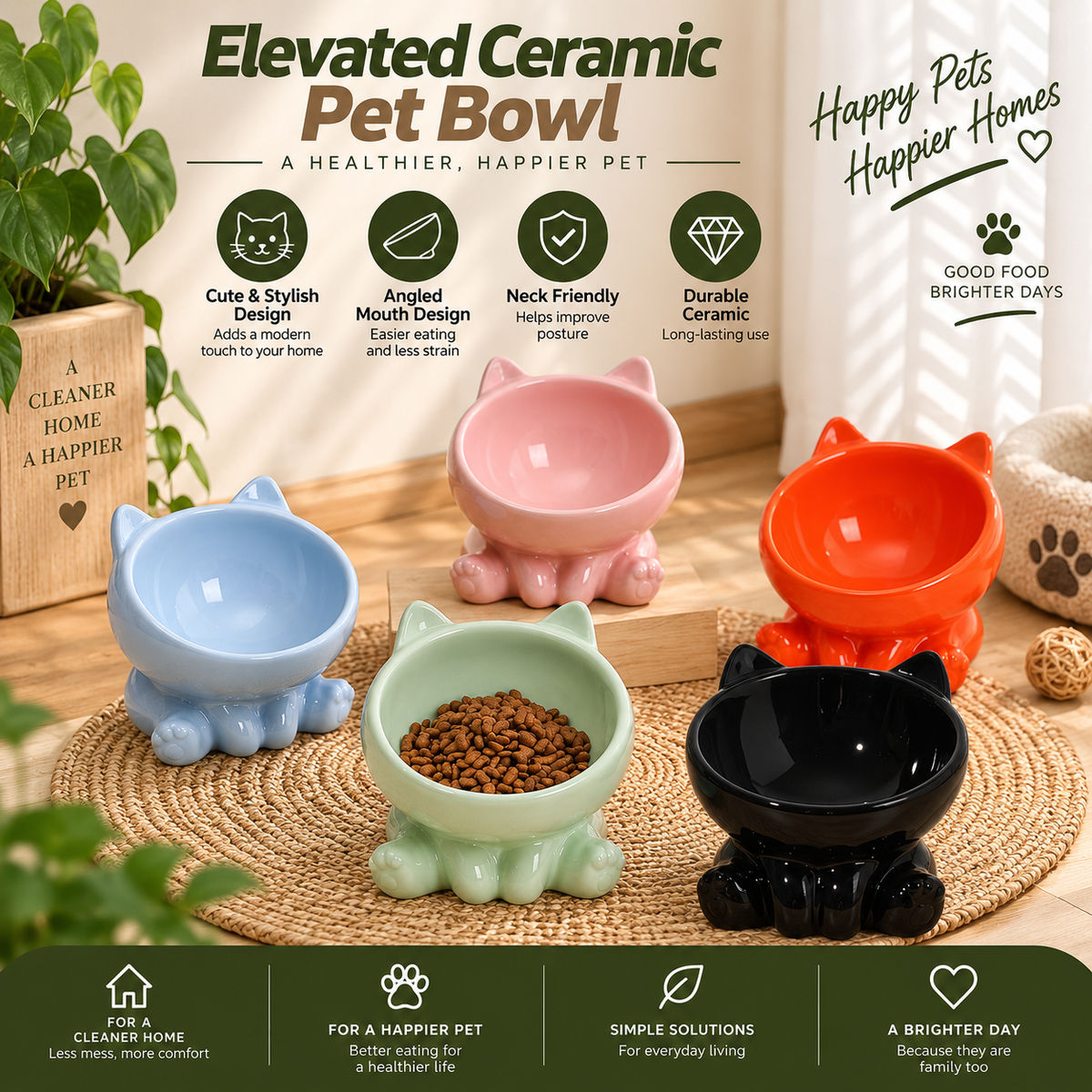 Elevated Ceramic Pet Bowl – Angled Neck-Friendly Cat & Dog Feeding Bowl