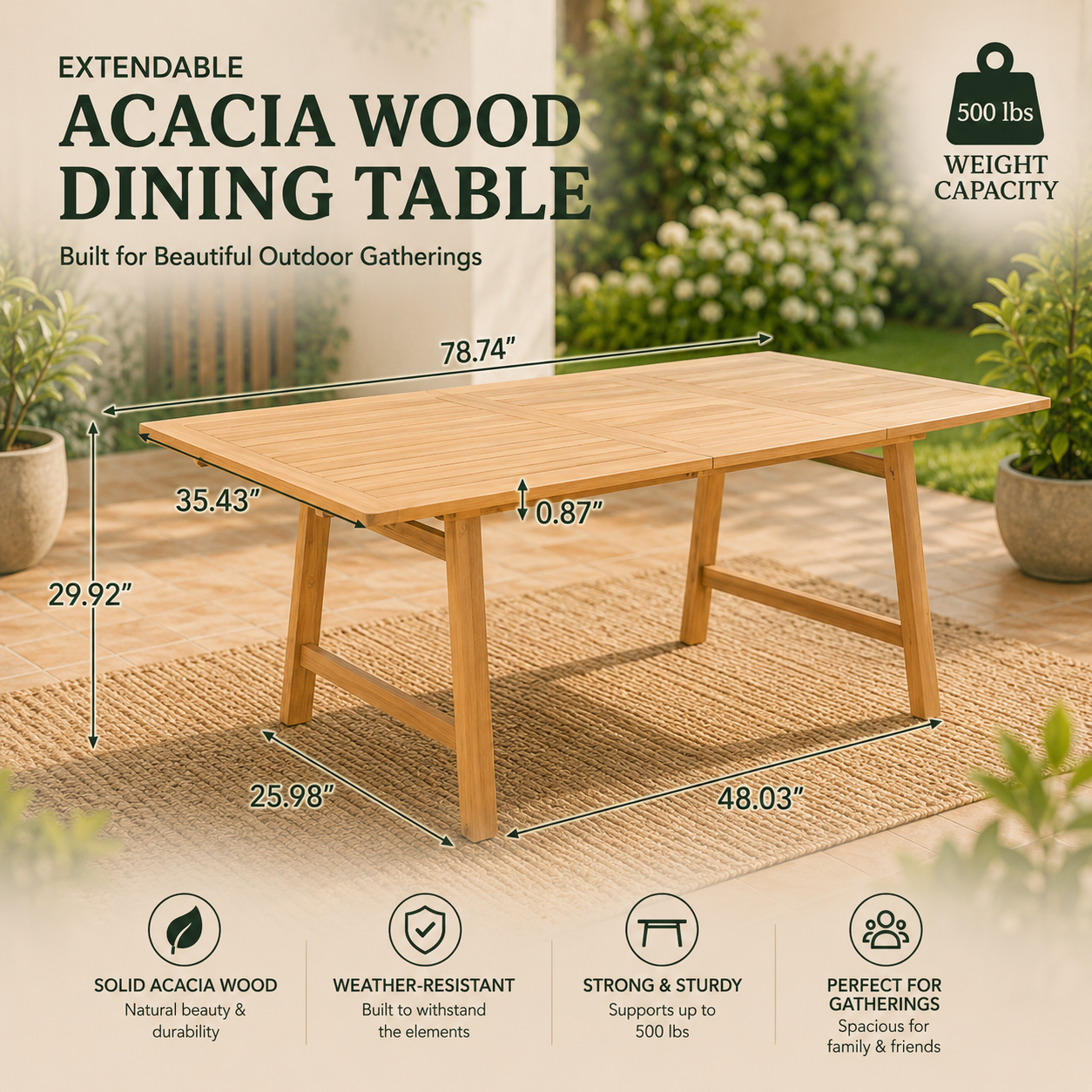Extendable Acacia Wood Outdoor Dining Table – Weather-Resistant Patio Table for Backyard, Garden & Deck (59"–78.7")