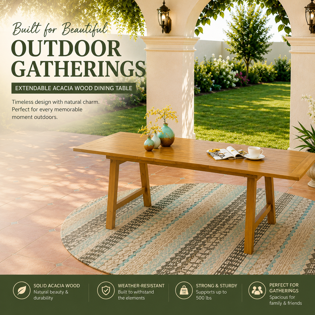 Extendable Acacia Wood Outdoor Dining Table – Weather-Resistant Patio Table for Backyard, Garden & Deck (59"–78.7")