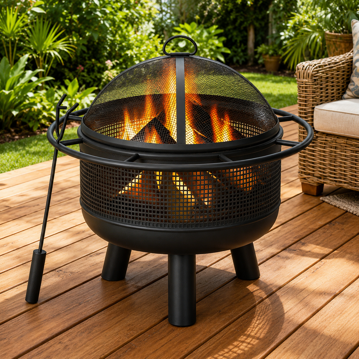 A black metal fire pit with a mesh screen, standing on a wooden deck with a fire burning inside. A fire starter tool rests on the left side, and a wicker chair is visible in the background on a garden patio.