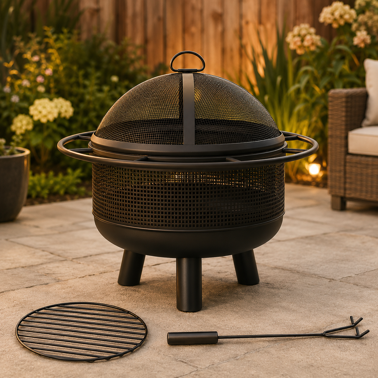 Black metal fire pit table with a domed mesh lid and three legs, shown on a stone patio with a round grill grate and long-handled tool in front, and garden furniture and plants in the background.