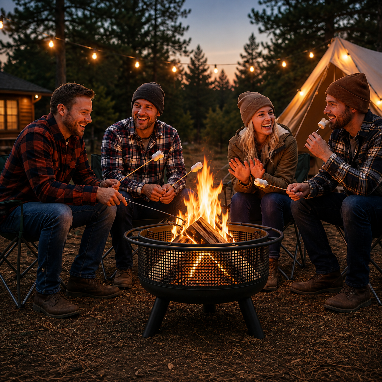 Four friends sitting around a black metal fire pit table at dusk, roasting marshmallows over an outdoor campfire. A white camping tent is visible in the background among pine trees, with warm string lights glowing in the evening sky.