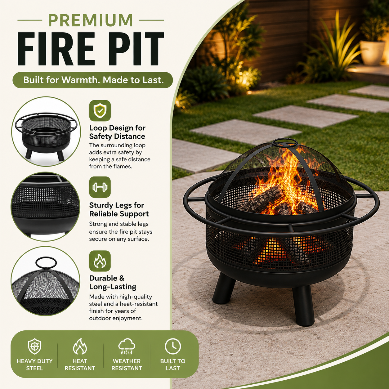 Black steel fire pit with a safety loop and leg design, shown lit on a stone patio with a garden background and marketing text callouts on the left.