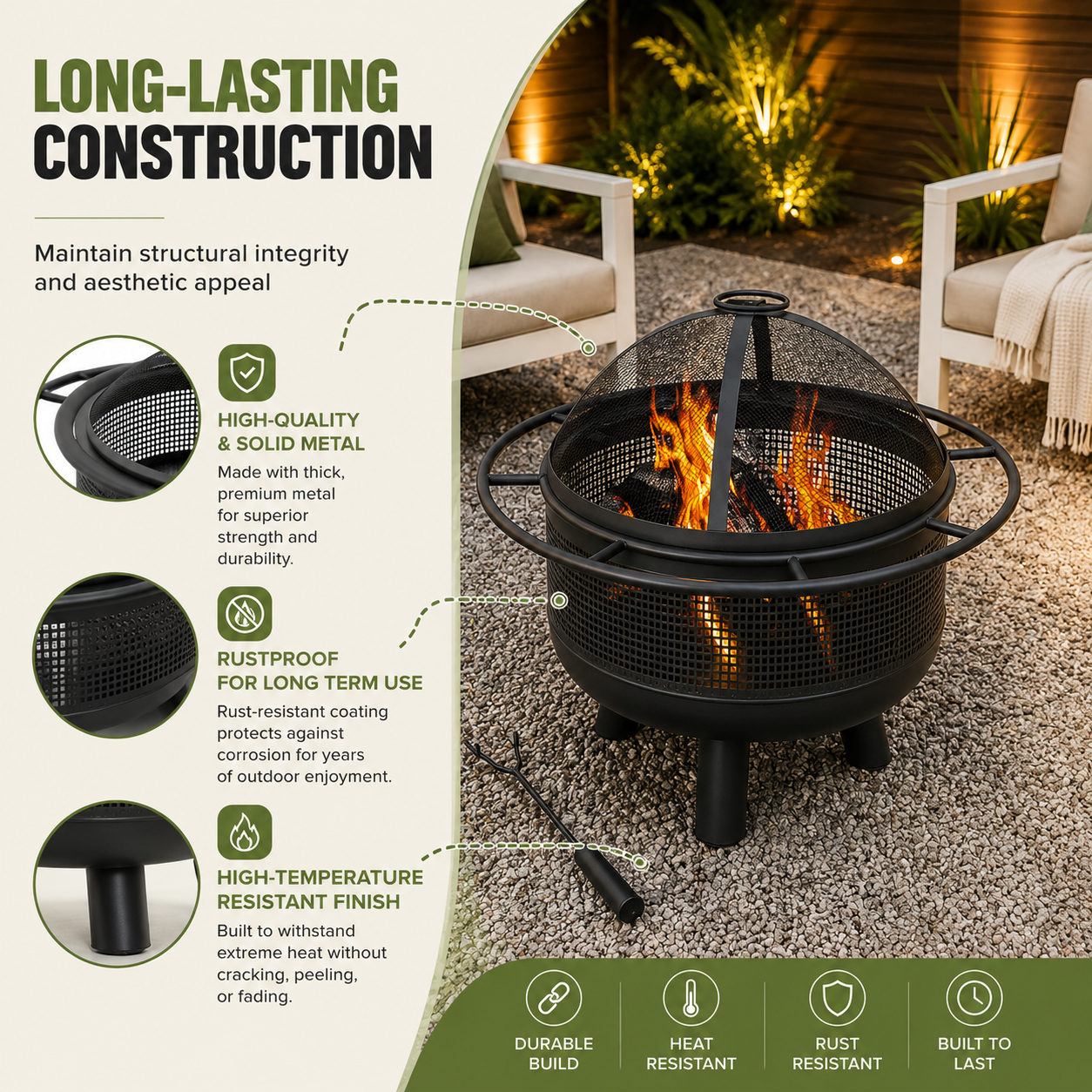 Black metal fire pit table shown in an outdoor patio setting with flames burning inside, accompanied by feature callout graphics and text highlighting long-lasting construction, rustproof finish, and high-temperature resistance.