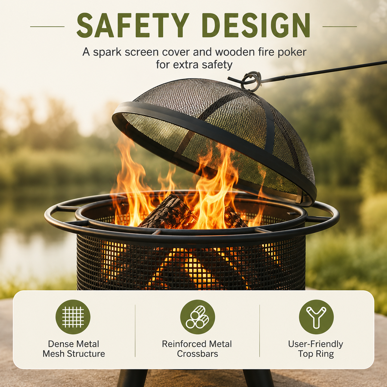 Black metal fire pit with an open dome-shaped spark screen cover, shown with flames inside and marketing text reading 'SAFETY DESIGN' plus feature callouts at the bottom.