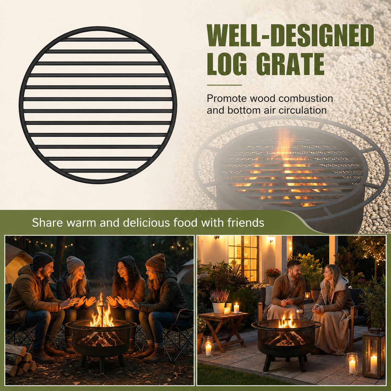 A promotional graphic for a round black metal log fire pit grill. The top half shows a clean product cutout of the circular grate with text reading 'WELL-DESIGNED LOG GRATE' and a blurred photo of the grill in use.