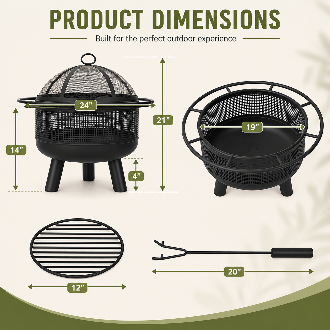 Product dimensions diagram for a black metal fire pit set, showing the fire pit with lid, base diameter, height measurements, a grill grate, and a poker tool with labeled dimensions on a light beige background.