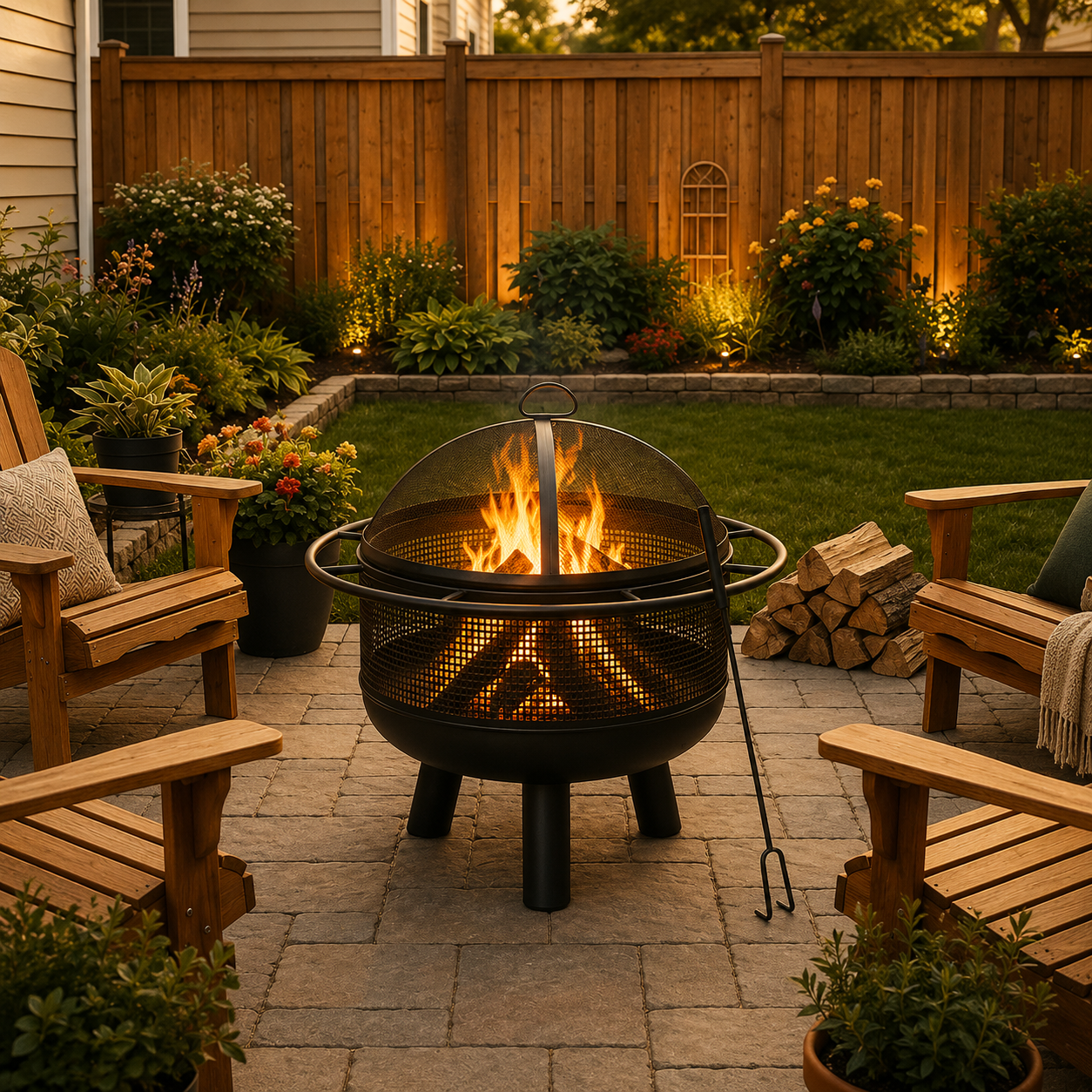 A round black metal fire pit with a mesh globe cover and three legs, burning with bright orange flames on a stone patio. The fire pit is surrounded by wooden Adirondack chairs, potted plants, a stack of firewood, and a wooden fence in the background of a backyard setting.