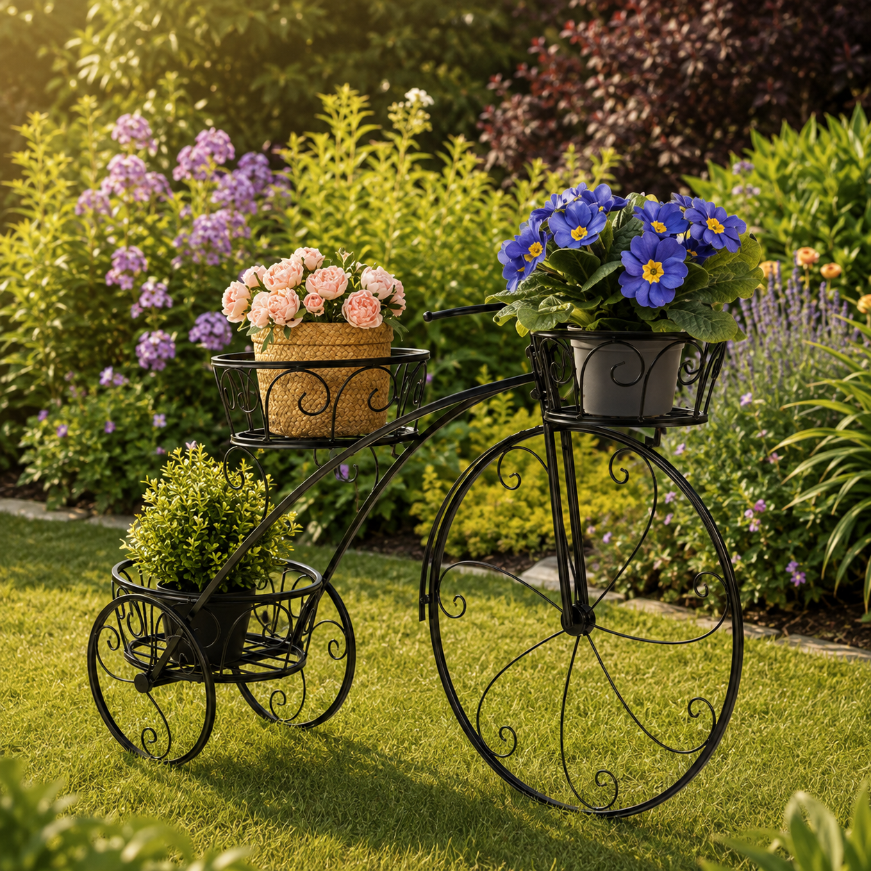 A decorative black metal tricycle-style planter sits on a grassy lawn in a garden, holding pink flowers in the front basket, blue flowers in the rear basket, and a small green plant in the wheel tray. Lush green and purple foliage fills the background.