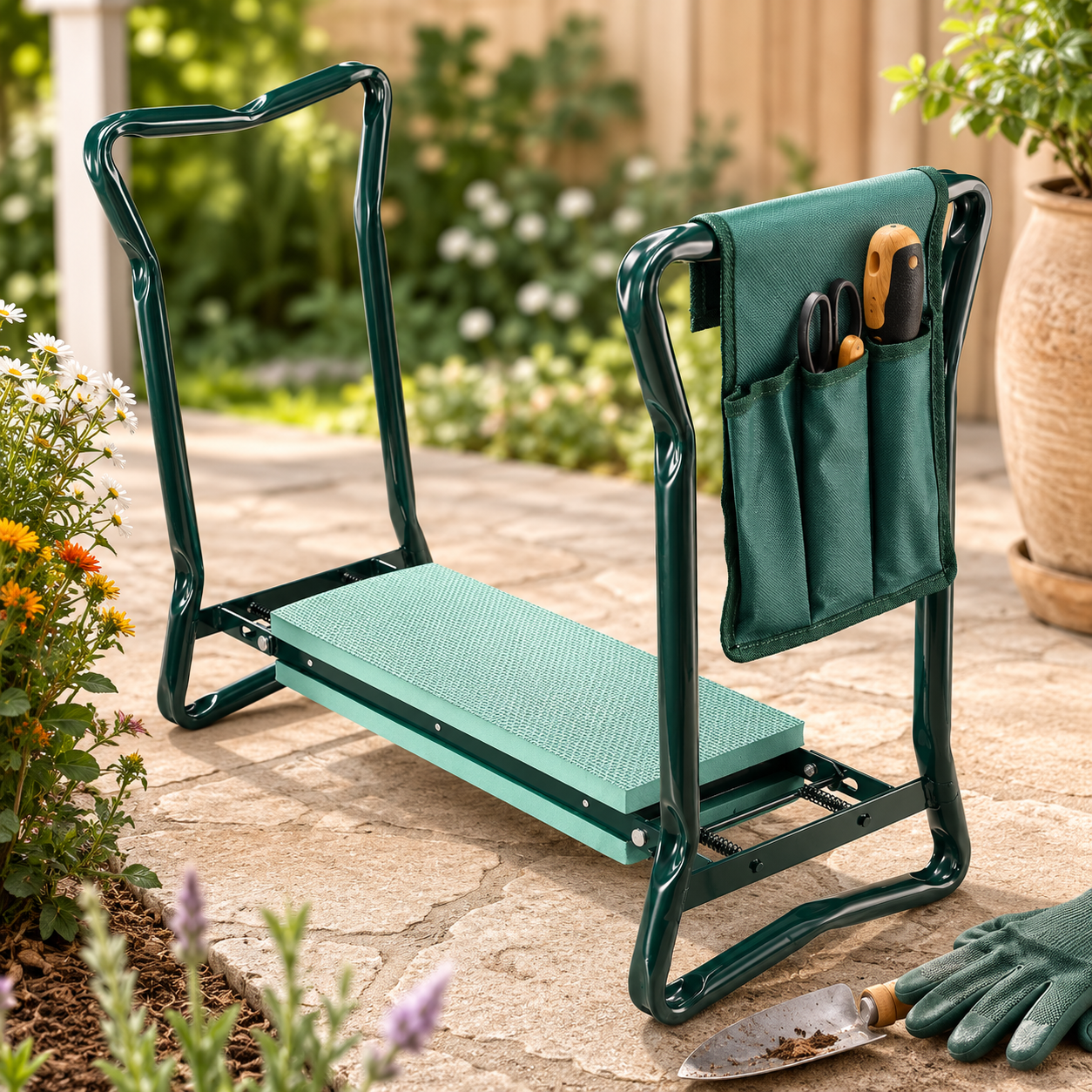 A green folding garden kneeler with a mesh seat and a matching fabric backrest pocket holding gardening tools, shown on a stone patio with flowers, a trowel, and gloves nearby.