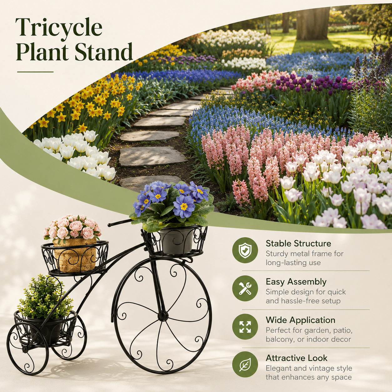Tricycle-style metal planter stand with three baskets, shown on a garden path with flowers in bloom. The graphic includes text listing features such as stable structure, easy assembly, wide application, and attractive look.