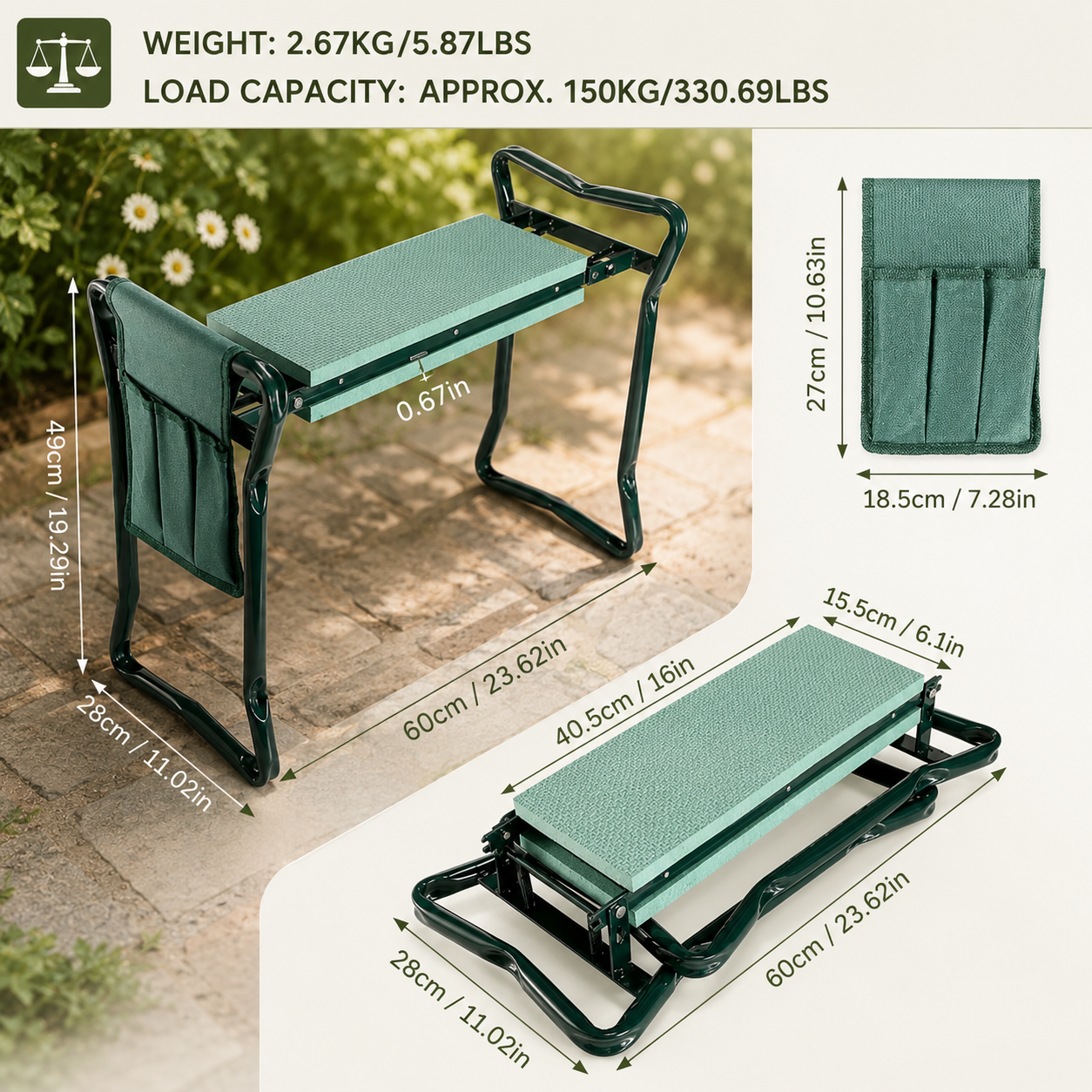 A folding garden kneeler chair with a green textured seat and dark green metal frame, shown with dimension callouts and a small matching storage pouch. Text at the top lists weight and load capacity, and the image includes a real outdoor patio/garden background.