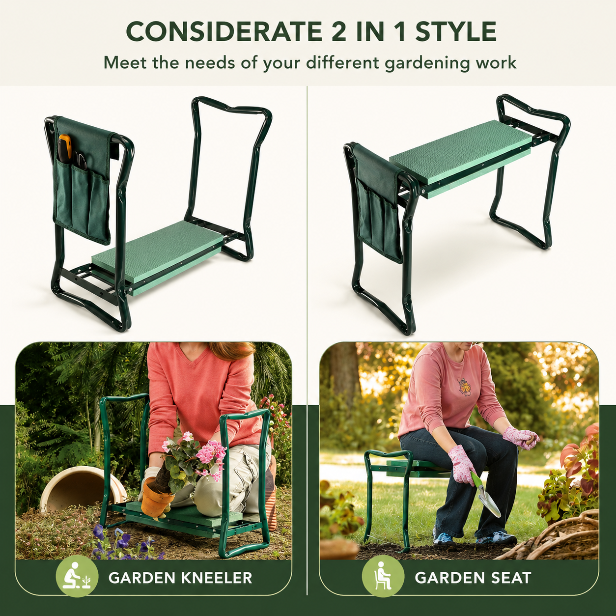 A garden kneeling chair shown in three views: two studio product shots at the top and two lifestyle usage shots at the bottom. The chair has a green padded seat and backrest with a black metal frame and side storage pocket.
