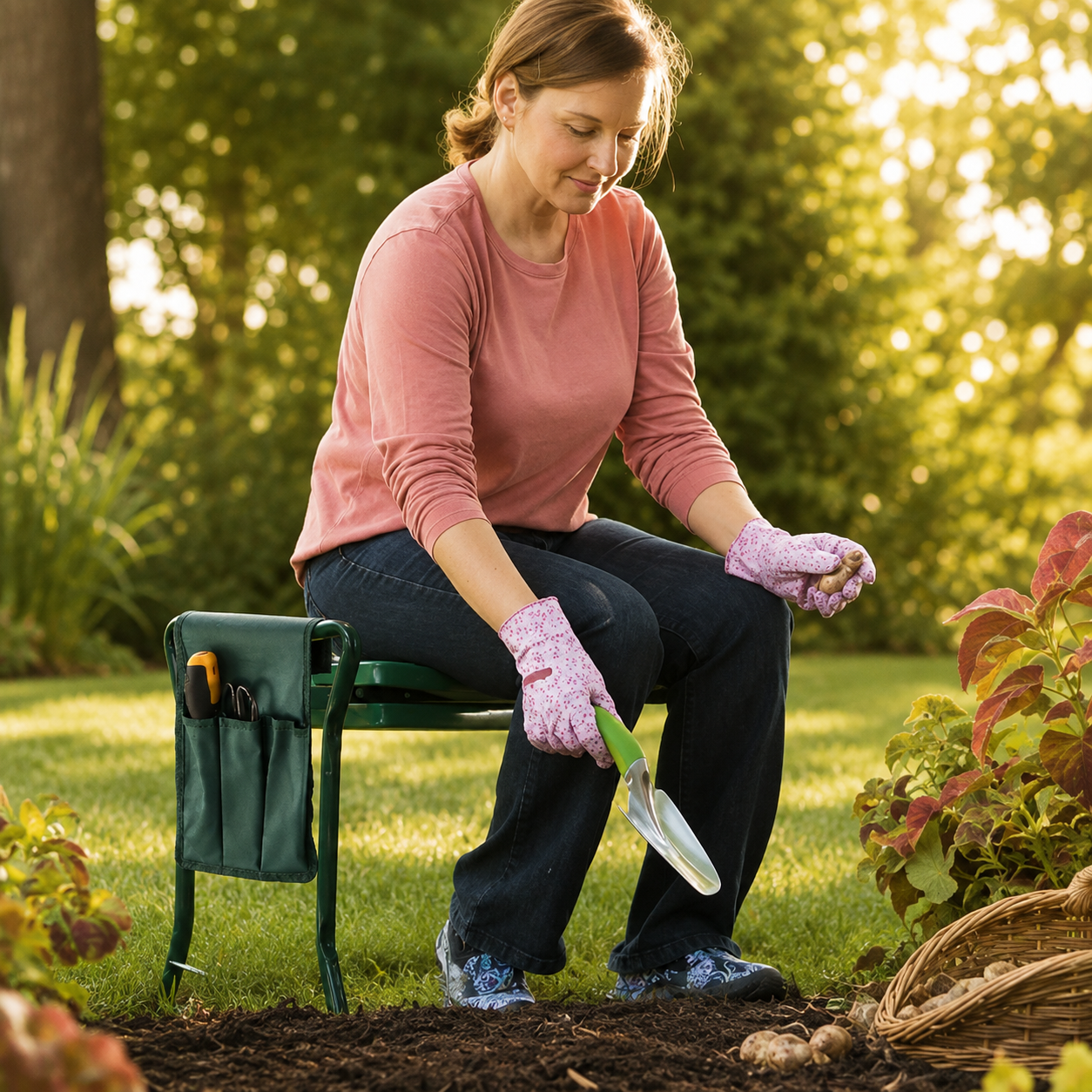 A woman gardening outdoors, sitting on a green folding chair and holding a small hand trowel. She wears a pink long-sleeve shirt, dark jeans, and pink gardening gloves, with a garden bed, plants, and a basket in the foreground and a sunlit green background.