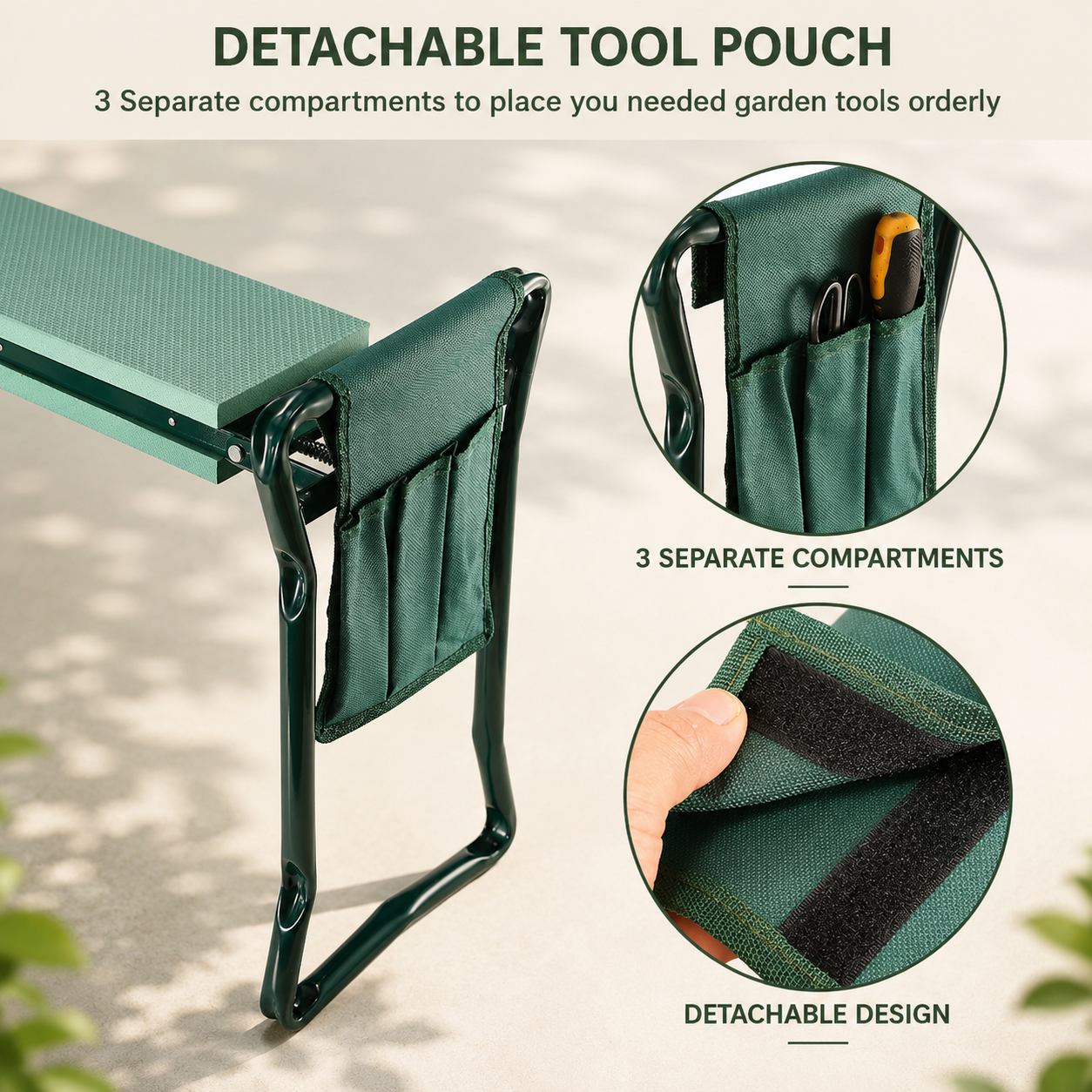 Green garden tool pouch attached to a folding chair, shown with text and circular detail insets explaining its three separate compartments and detachable design.