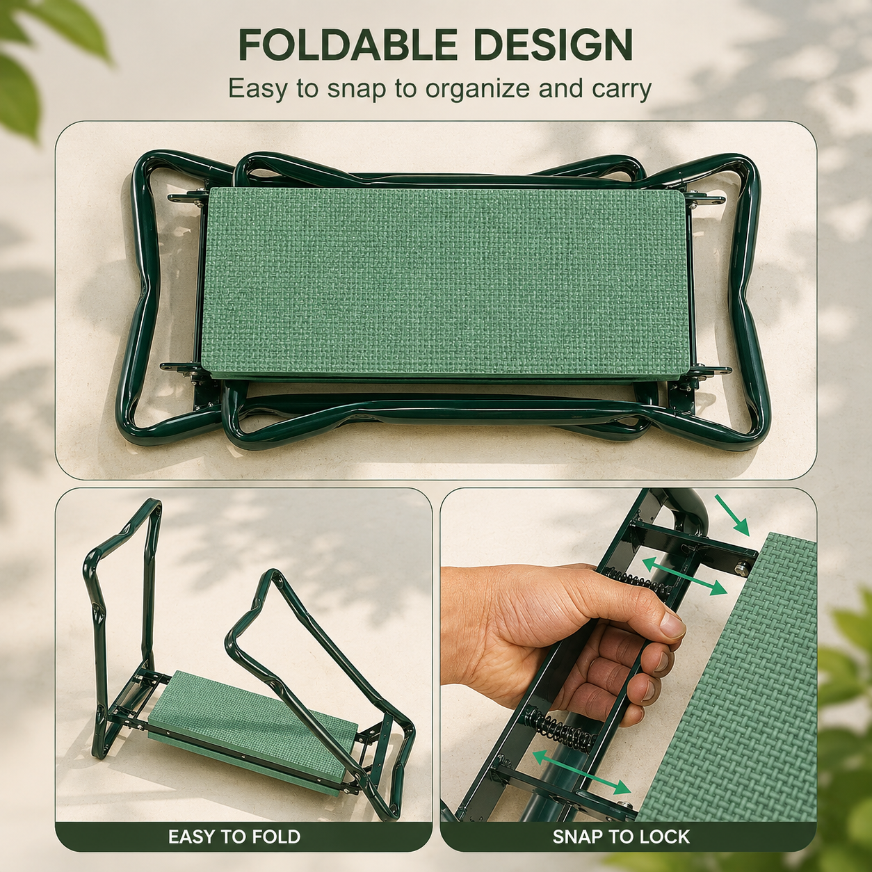 A foldable outdoor bench with a green textured seat and dark green metal frame, shown in a collage with text highlighting its foldable design, easy folding, and snap-to-lock feature.