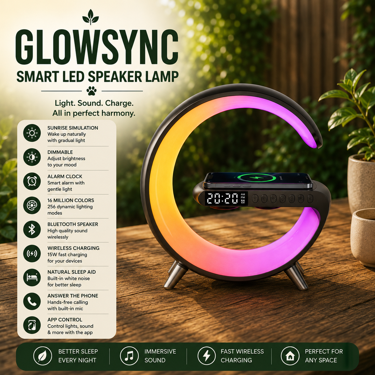 GlowSync G-Shaped LED Speaker Lamp with Wireless Charging