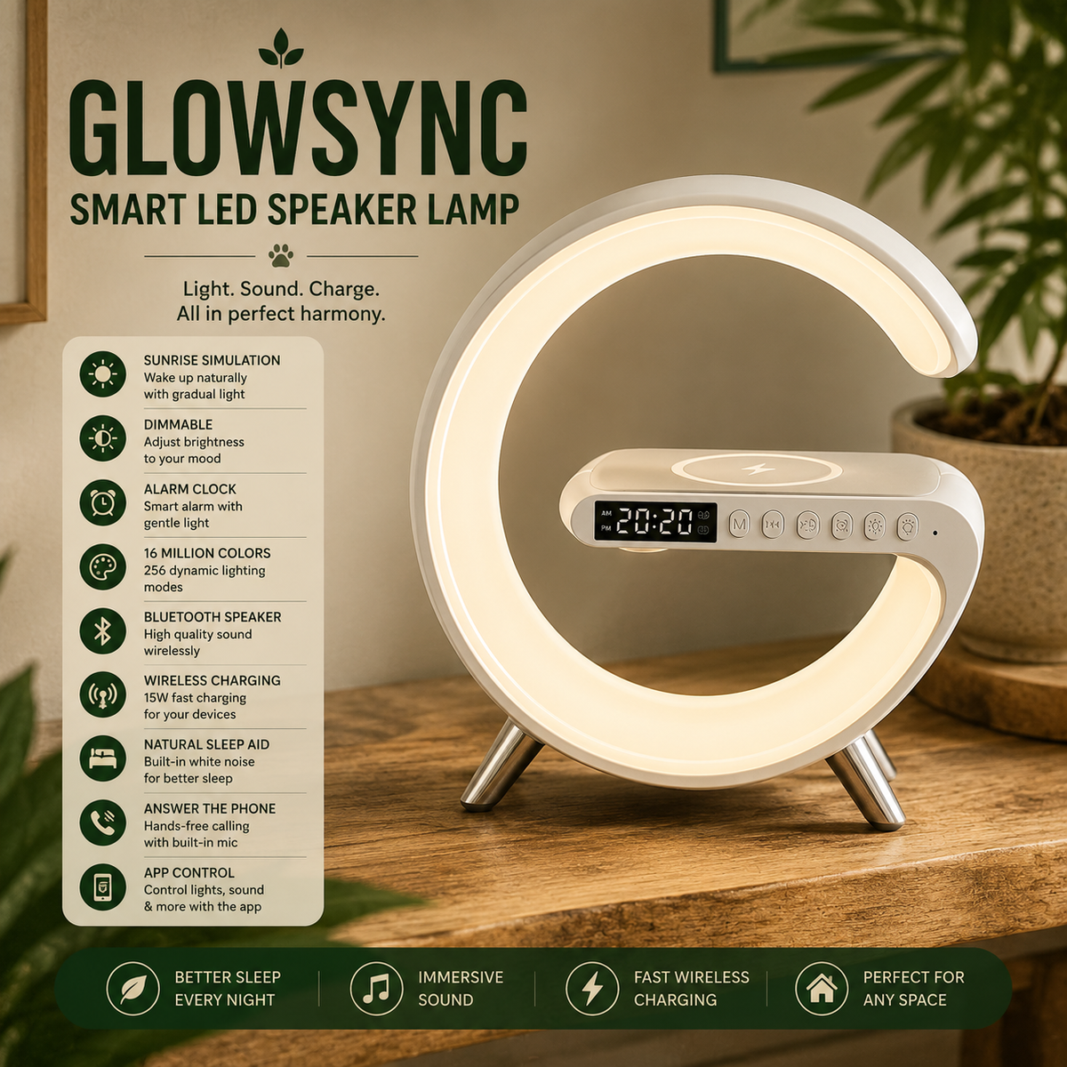 GlowSync G-Shaped LED Speaker Lamp with Wireless Charging