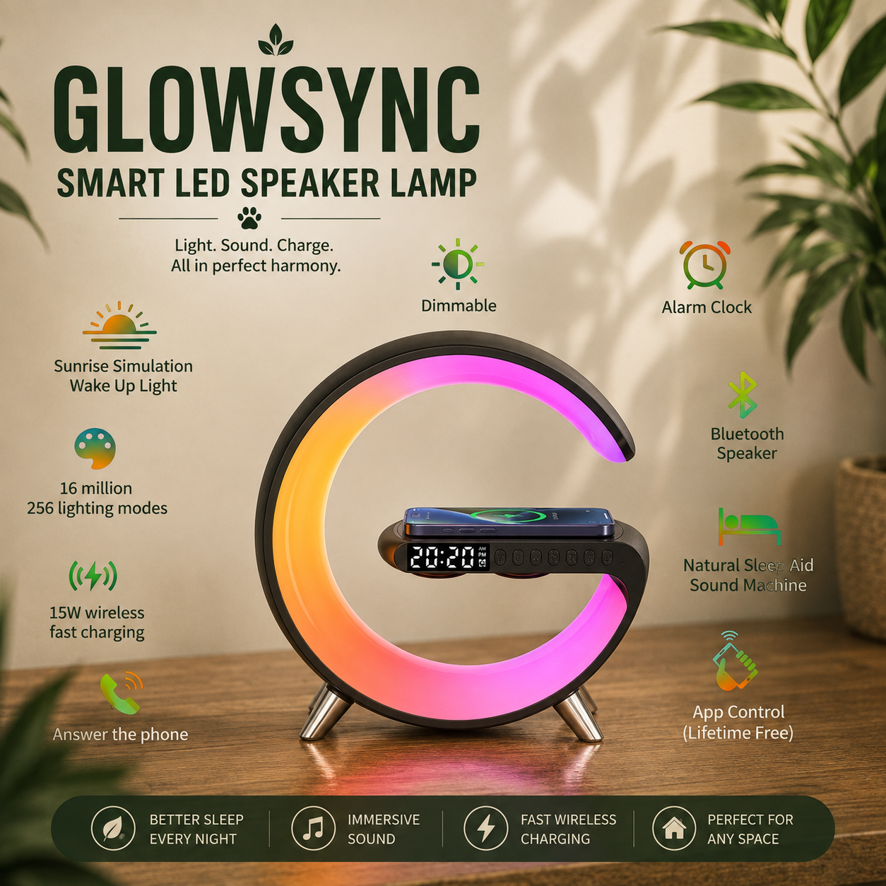 GlowSync G-Shaped LED Speaker Lamp with Wireless Charging