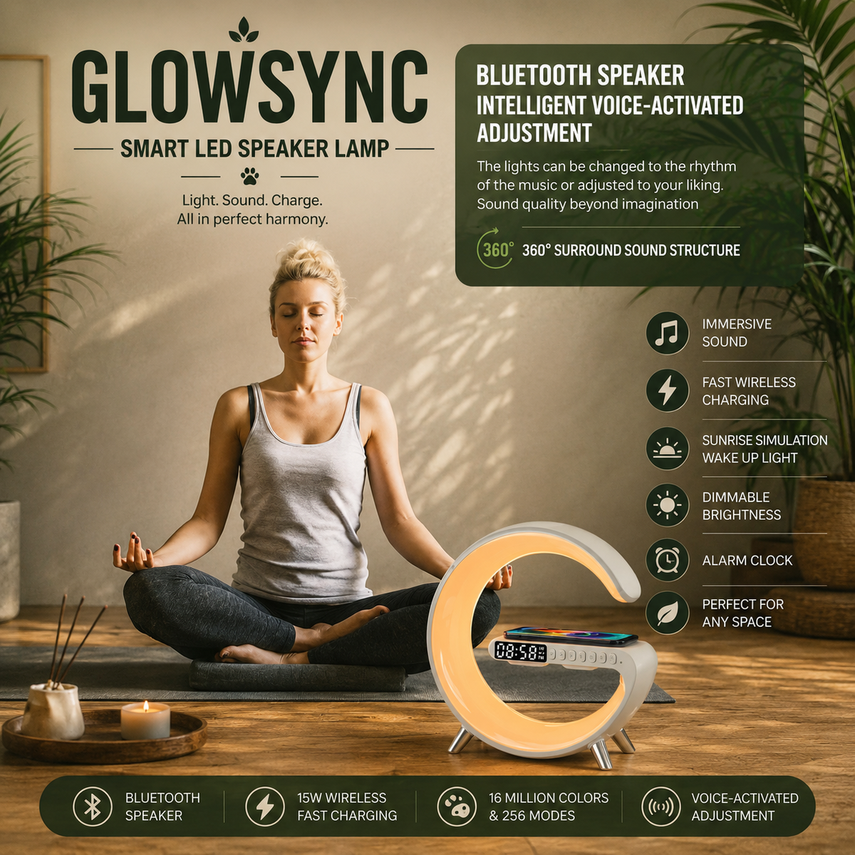GlowSync G-Shaped LED Speaker Lamp with Wireless Charging